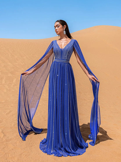 Luxury Gorgeous Rhinestone Detail Plunging Neck Cape Sleeves Formal Prom Dress – view 17