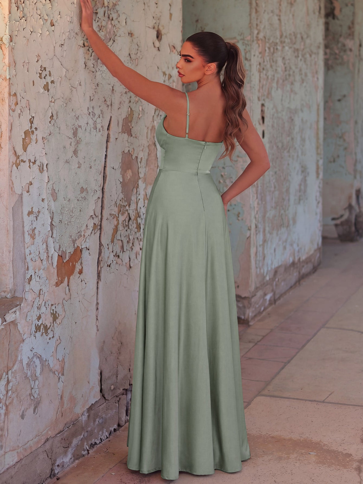 Additional product view of Cami Strap High-Slit Knit A-Line Sleeveless Evening Gown