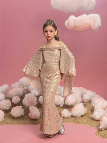 Additional product view of Cold-Shoulder Flare-Sleeve Off-Shoulder Sequin Mermaid Tween Girls' Party Dress