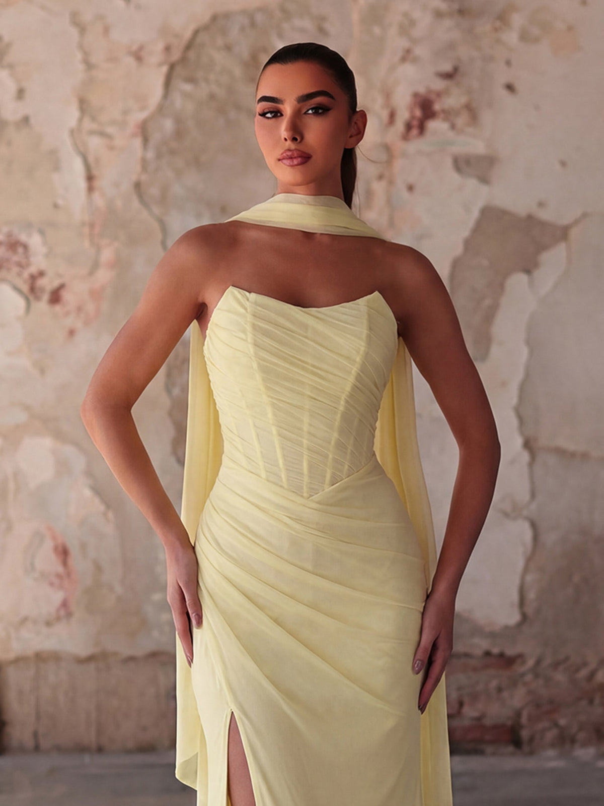 Additional product view of Lace-Up Back Strapless High-Slit Mermaid Sleeveless Evening Gown