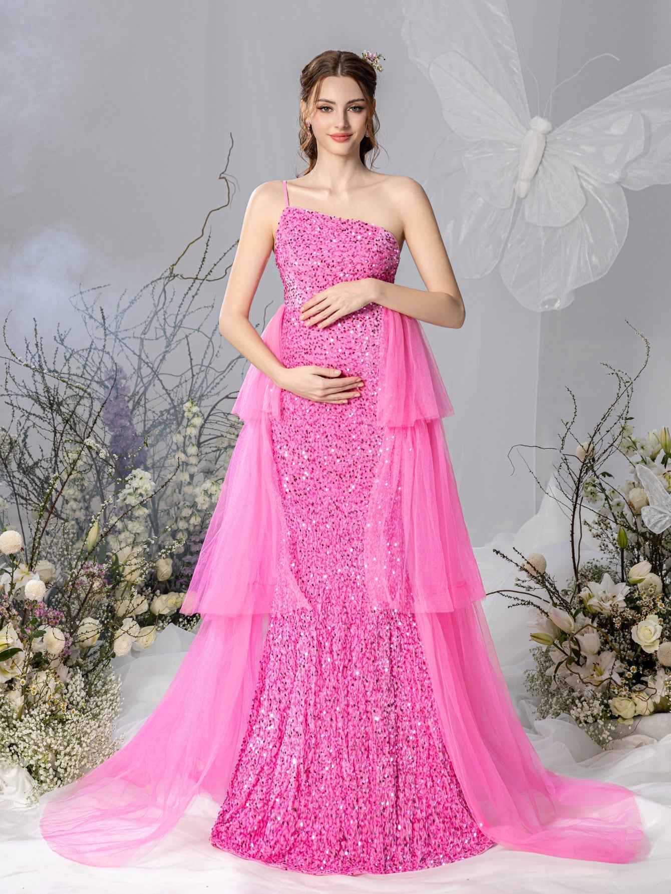 Maternity One-Shoulder Layered Mesh Overlay Sequin Party Dress – view 3