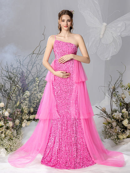 Maternity One-Shoulder Layered Mesh Overlay Sequin Party Dress – view 3