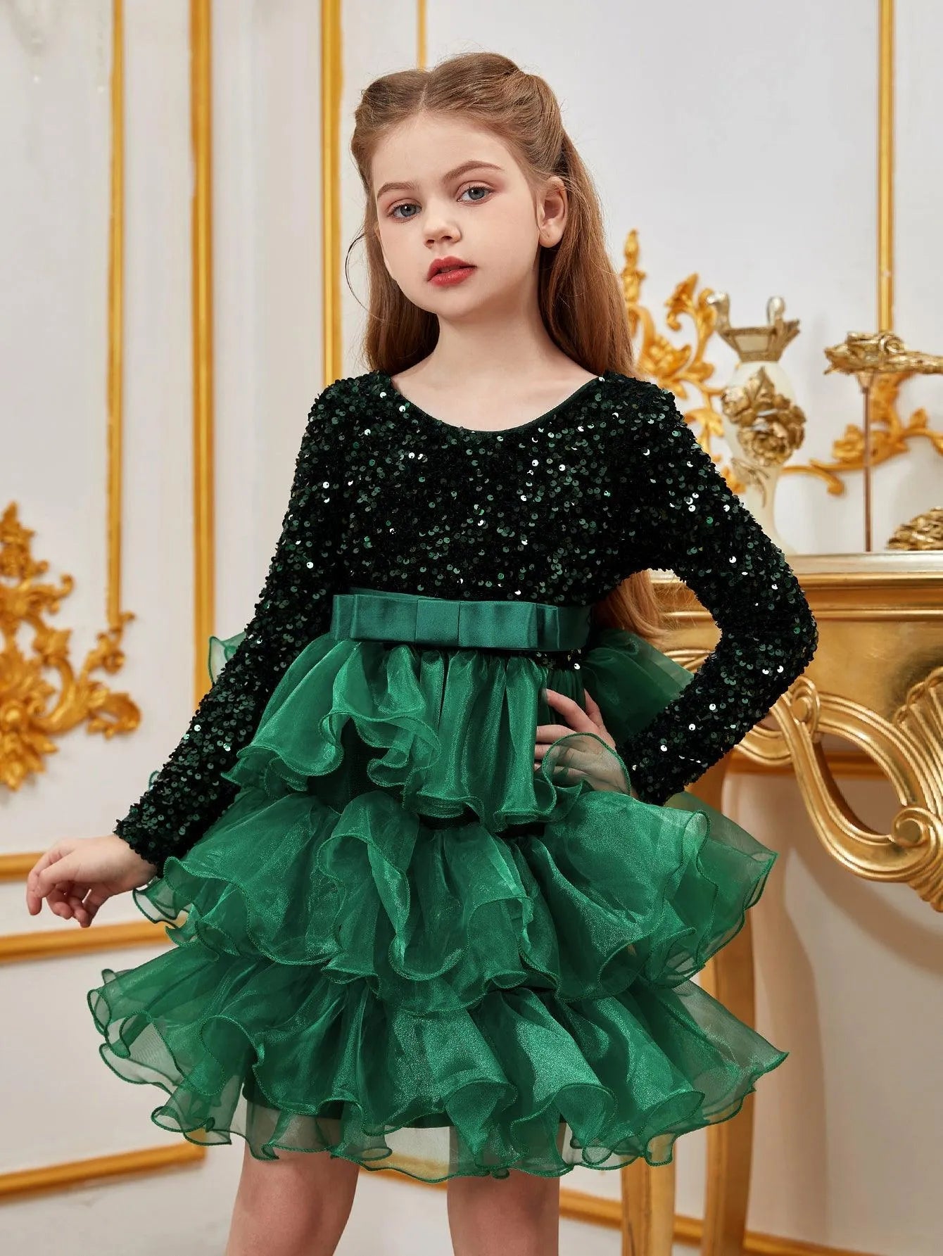 Additional product view of Sequin A-Line Long-Sleeve Midi Tween Girls' Party Dress