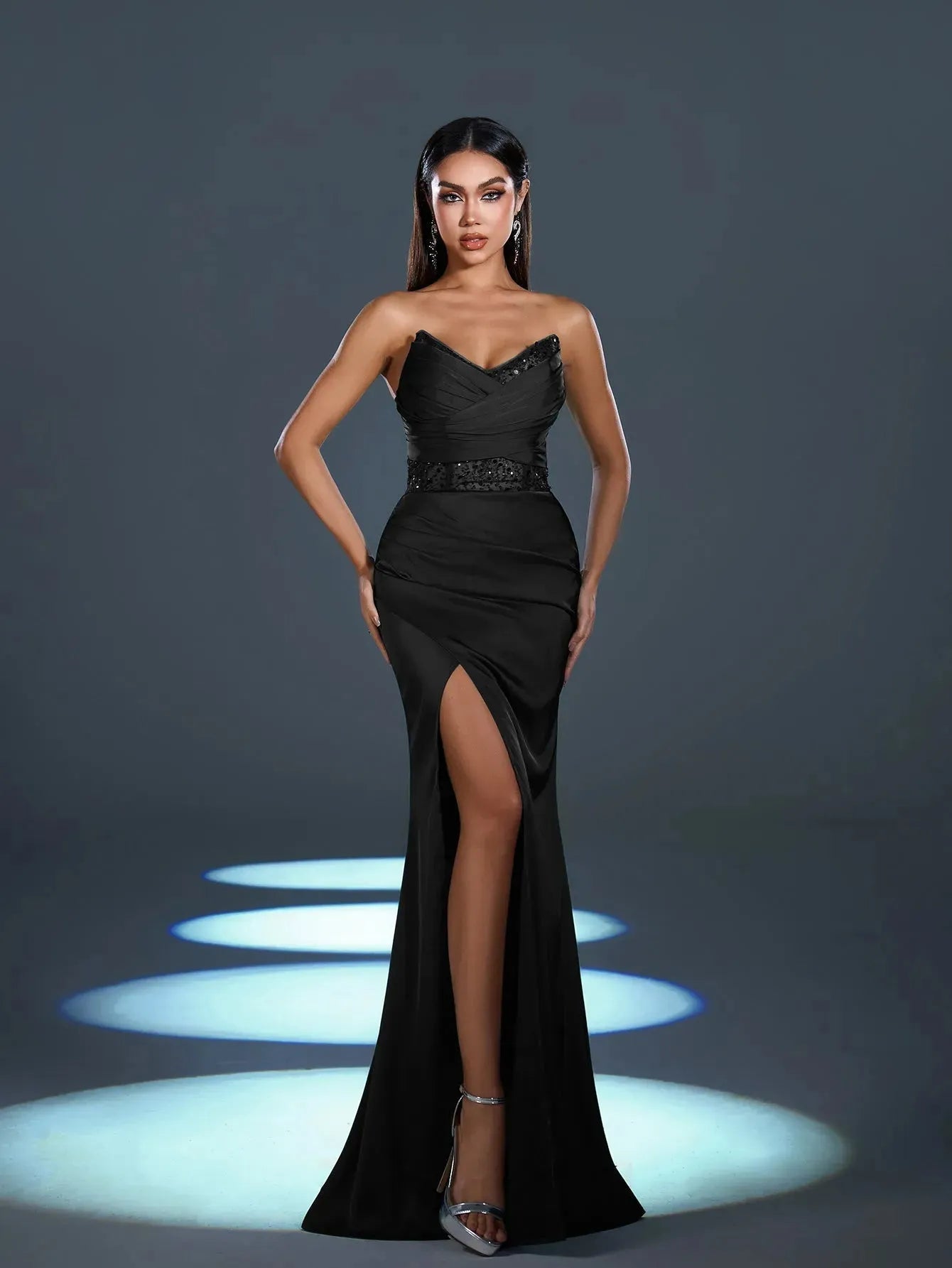 Additional product view of High-Slit Strapless Satin Sequin Mermaid Evening Gown