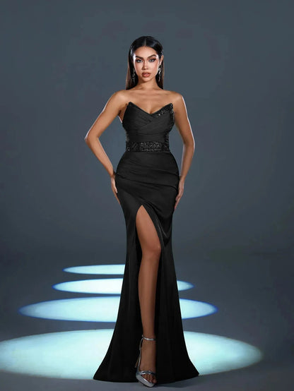 Additional product view of High-Slit Strapless Satin Sequin Mermaid Evening Gown