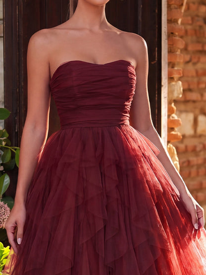 Elegant Strapless Mesh Overlay Formal Party Dress