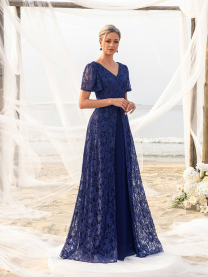 Additional view of Navy Blue V-Neck Lace Floral A-Line Mother of the Bride Dress