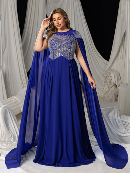 Additional view of Plus-Size Round Neck Sequin Cape A-Line Evening Gown