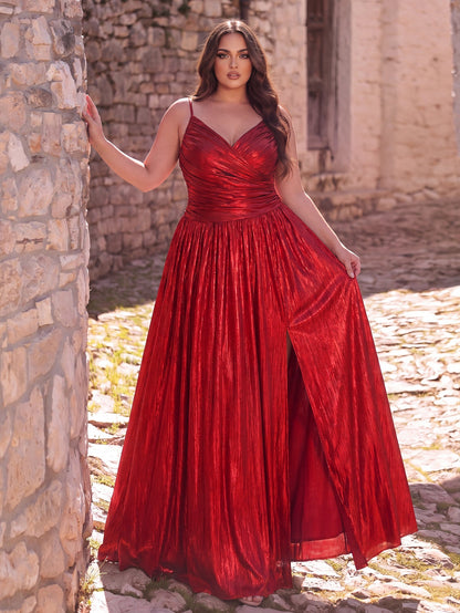 Plus Spaghetti Strap Metallic A-Line Prom Dress – view 3