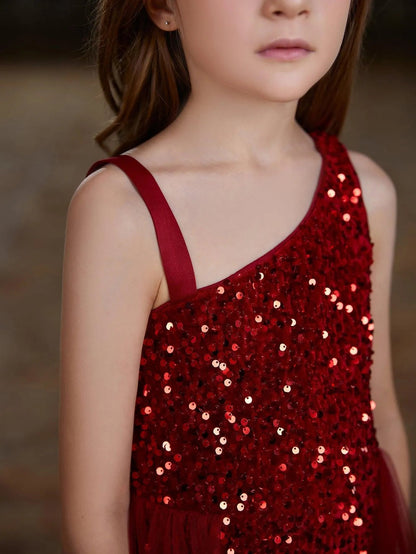 Additional product view of Mesh Overlay Asymmetrical Neckline Sequin A-Line Sleeveless Tween Girls' Party Dress