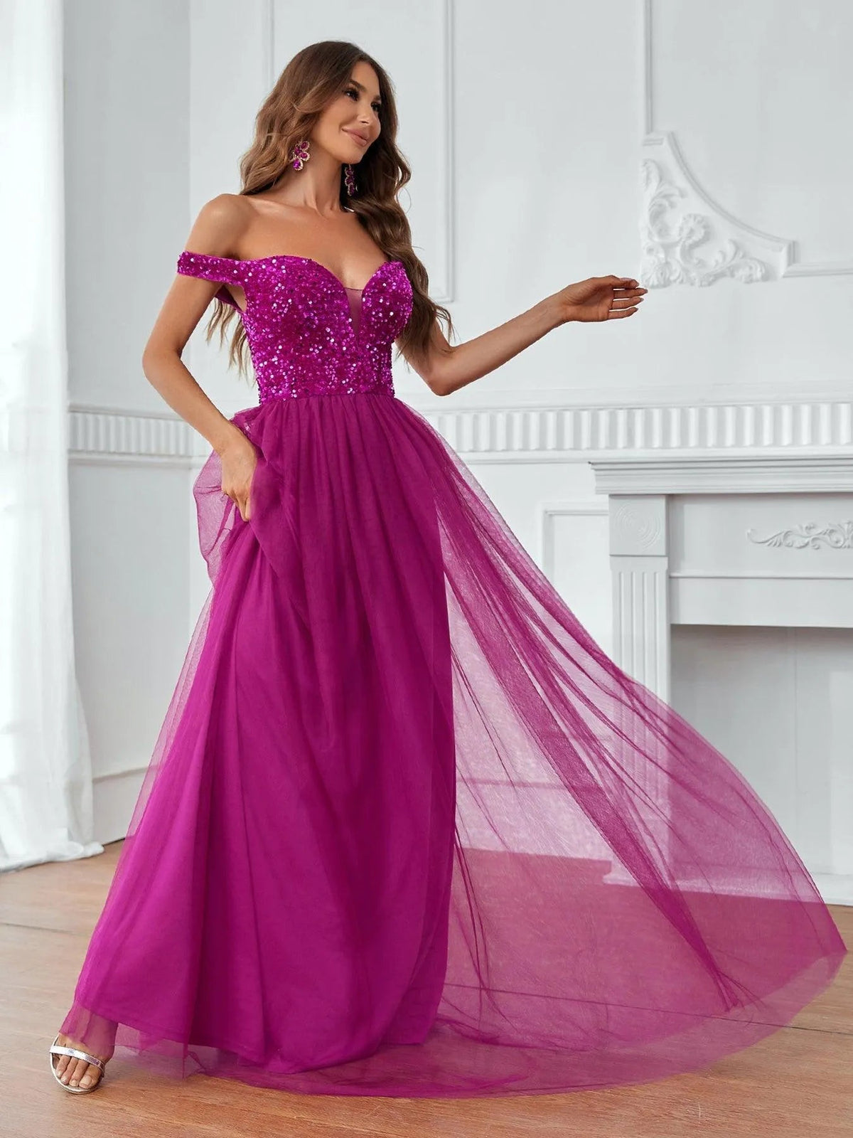 Additional product view of Contrast Mesh Sequin Bodice Off-Shoulder A-Line Short-Sleeve Evening Gown
