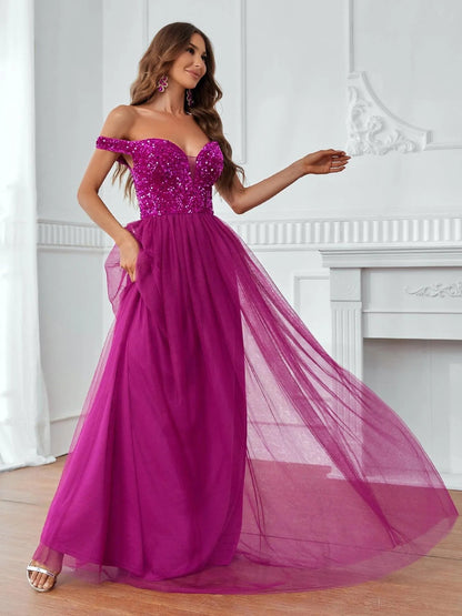 Additional product view of Contrast Mesh Sequin Bodice Off-Shoulder A-Line Short-Sleeve Evening Gown