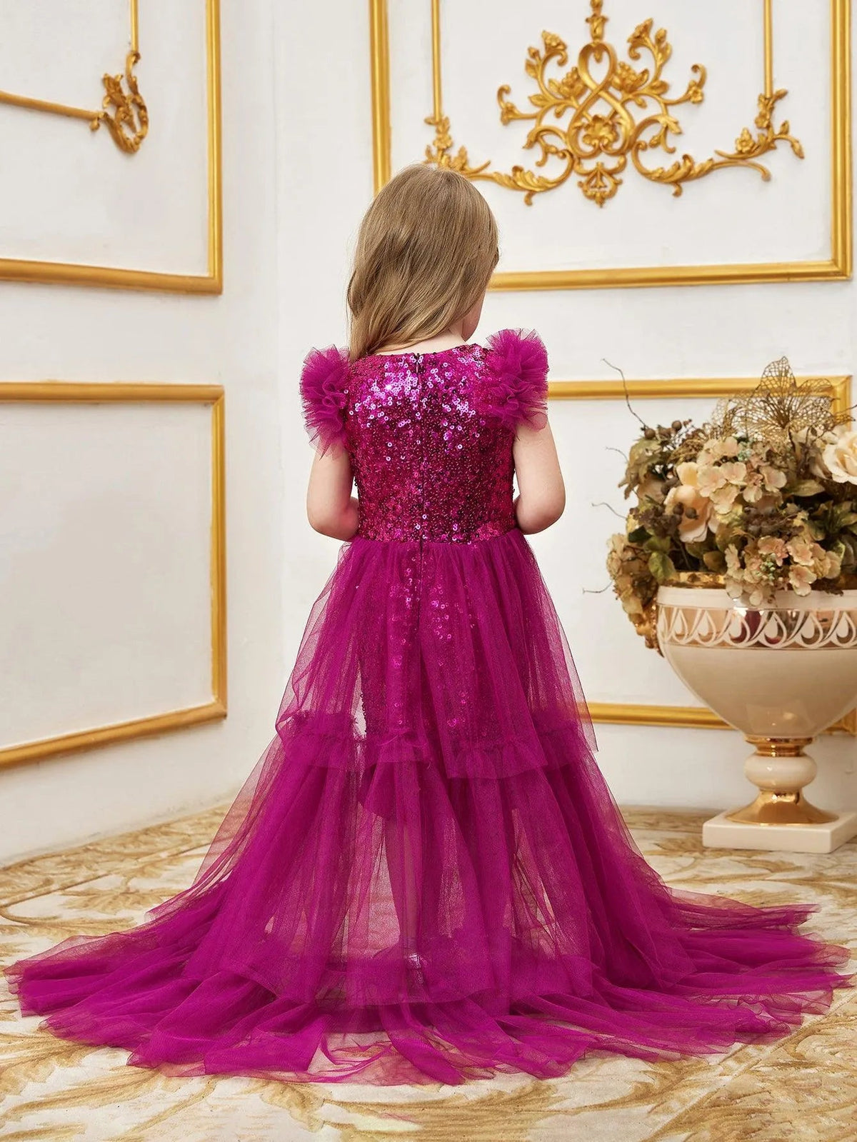 Additional product view of Layered Hem Sequin A-Line Sleeveless Mesh Young Girls' Party Dress