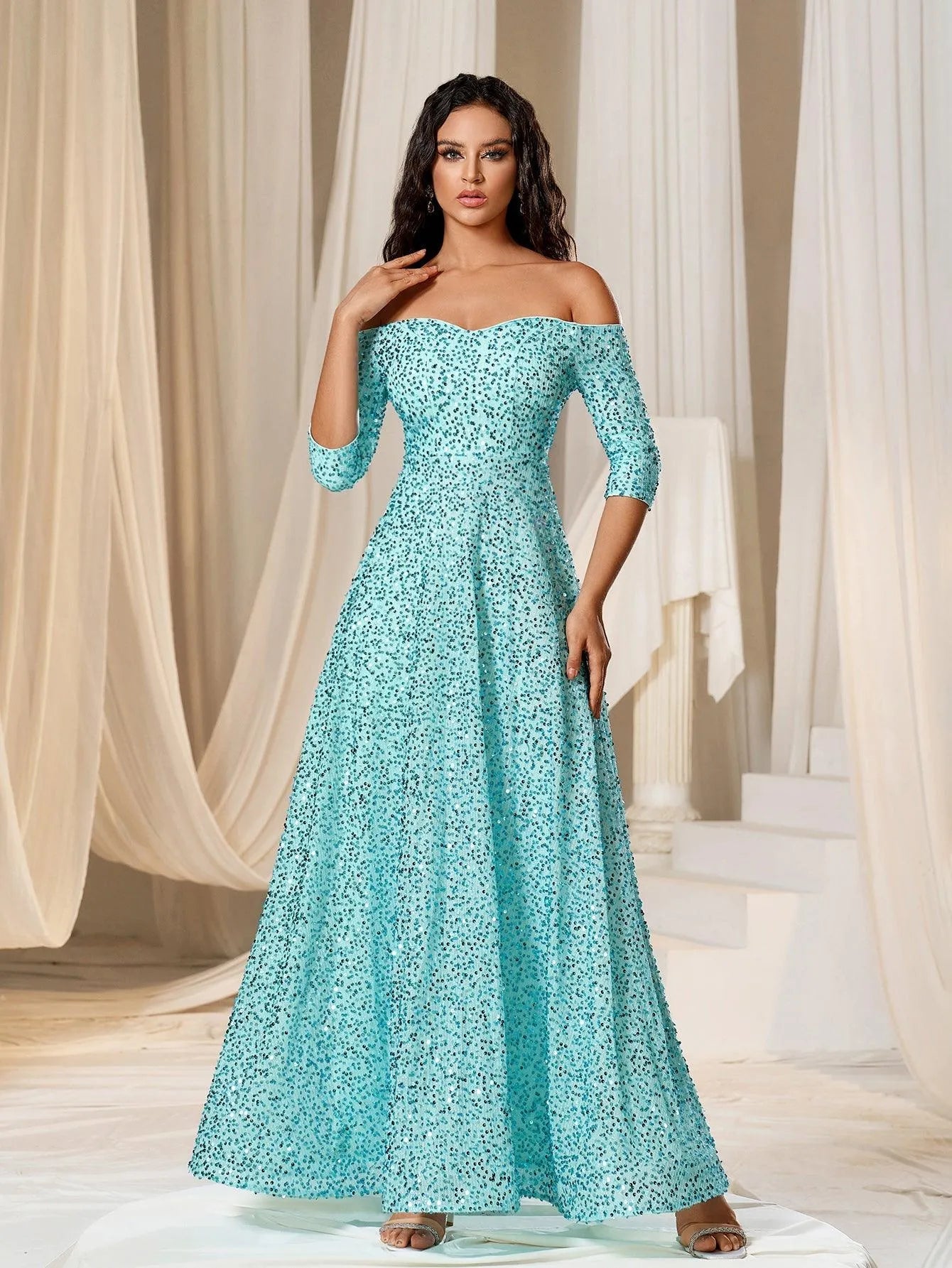 Off Shoulder 3/4 Sleeve Sequin A Line Dress
