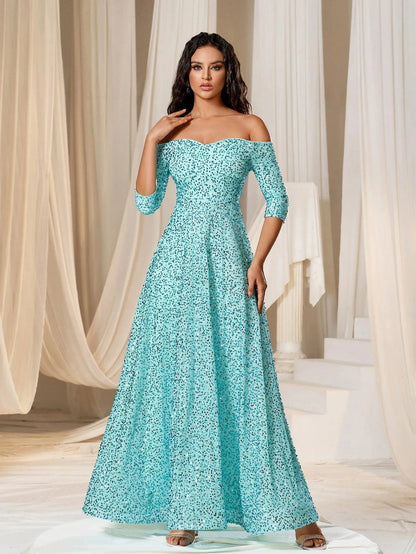 Off Shoulder 3/4 Sleeve Sequin A Line Dress
