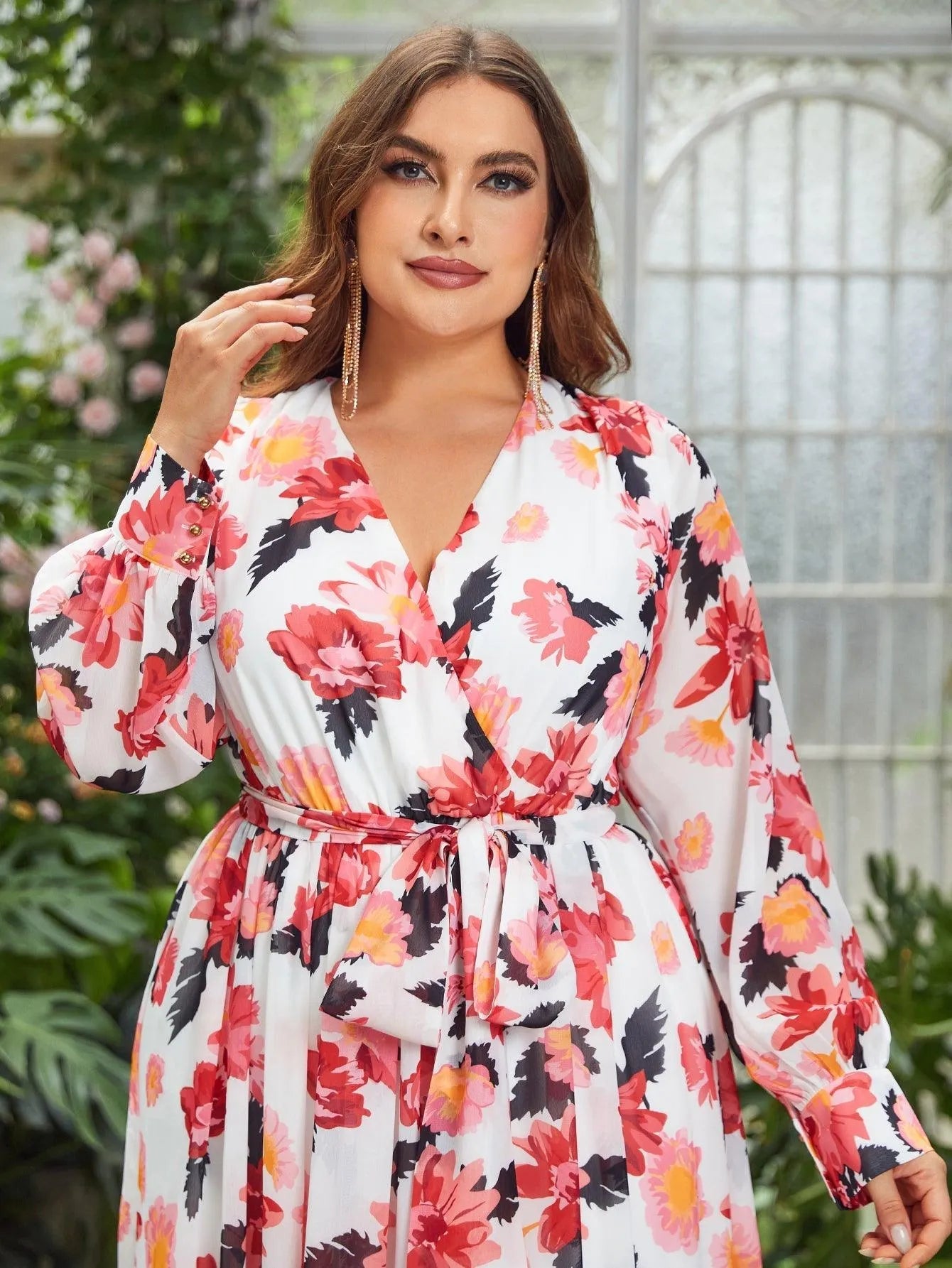 Additional product view of Plus-Size V-Neck Chiffon Floral A-Line Maxi Formal Dress