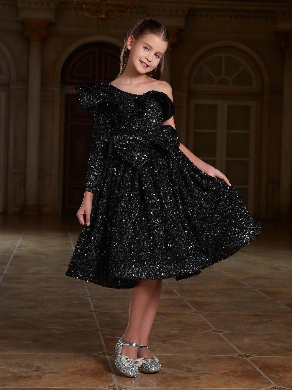 Additional product view of Ruffle Trim One-Shoulder Sequin A-Line Midi Tween Girls' Party Dress