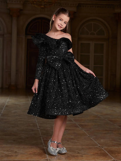 Additional product view of Ruffle Trim One-Shoulder Sequin A-Line Midi Tween Girls' Party Dress