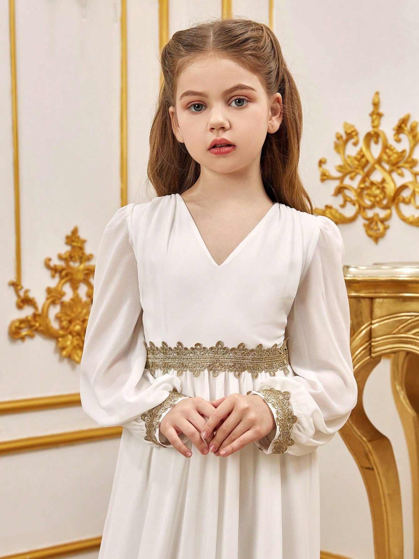 Tween Girls' Lace Trim Decoration V-neck Bishop Sleeves Chiffon Party Dress – view 6