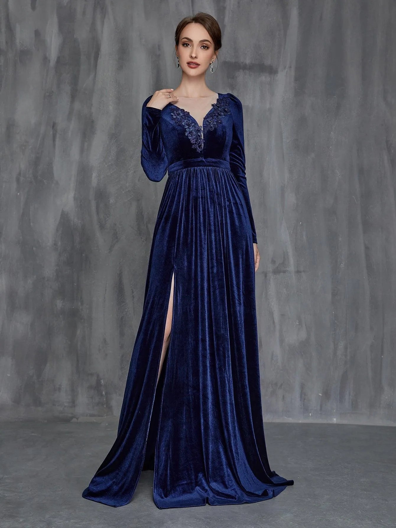 Additional product view of High-Slit Velvet Sweetheart-Neck Long-Sleeve A-Line Mother-of-the-Bride Dress