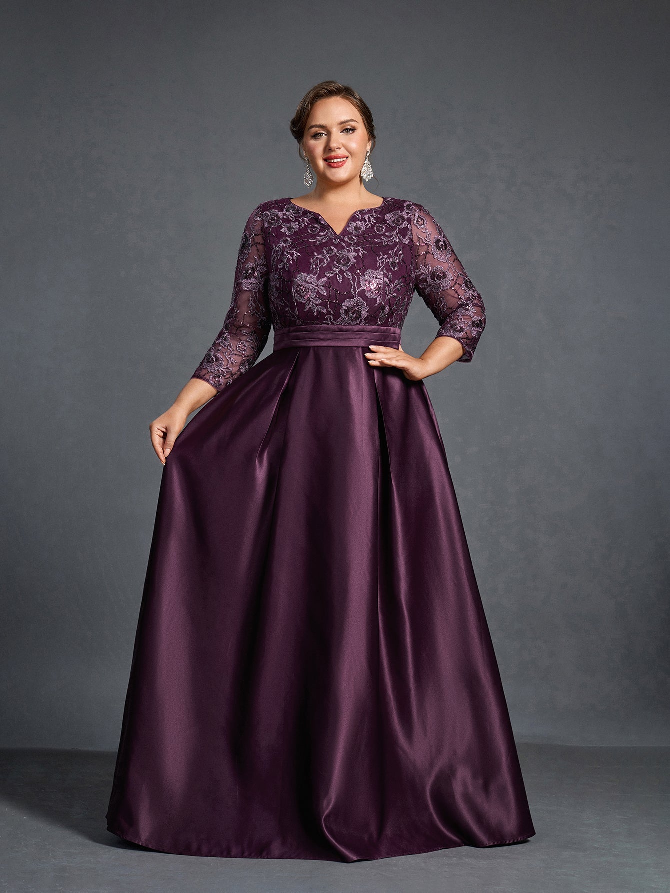 Additional product view of Plus-Size Satin V-Neck A-Line Sequin Mother-of-the-Bride Dress
