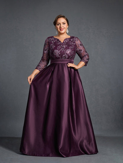 Additional product view of Plus-Size Satin V-Neck A-Line Sequin Mother-of-the-Bride Dress