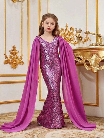 Alternate view of Cloak-Sleeve V-Neck Sequin Mermaid Chiffon Tween Girls' Party Dress in Hot Pink