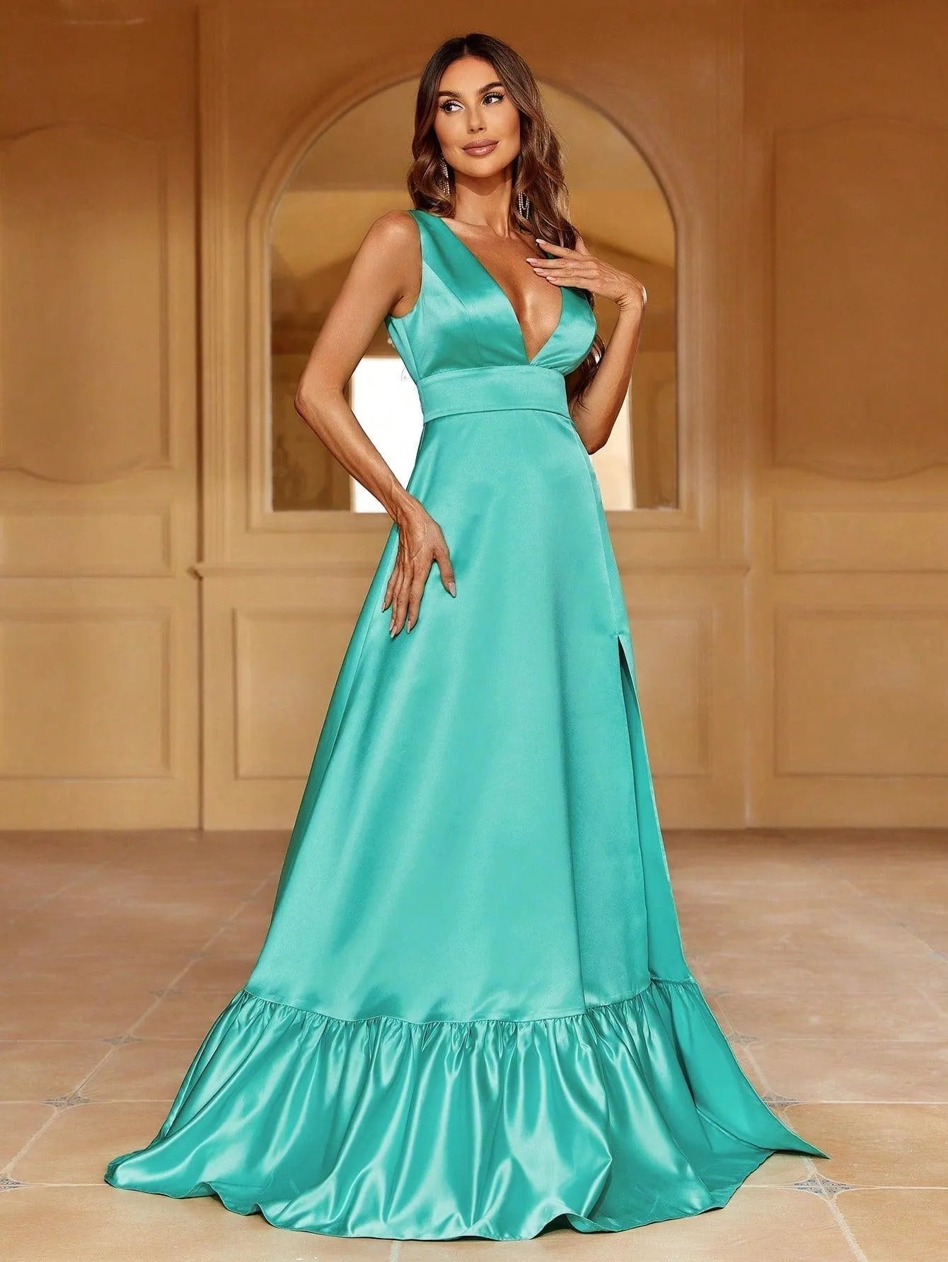 Plunging Ruffle Sleeveless A-Line Evening Gown — authorized product image 4