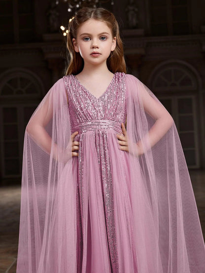 Additional product view of Contrast Mesh Cape-Sleeve V-Neck Sequin A-Line Tween Girls' Party Dress