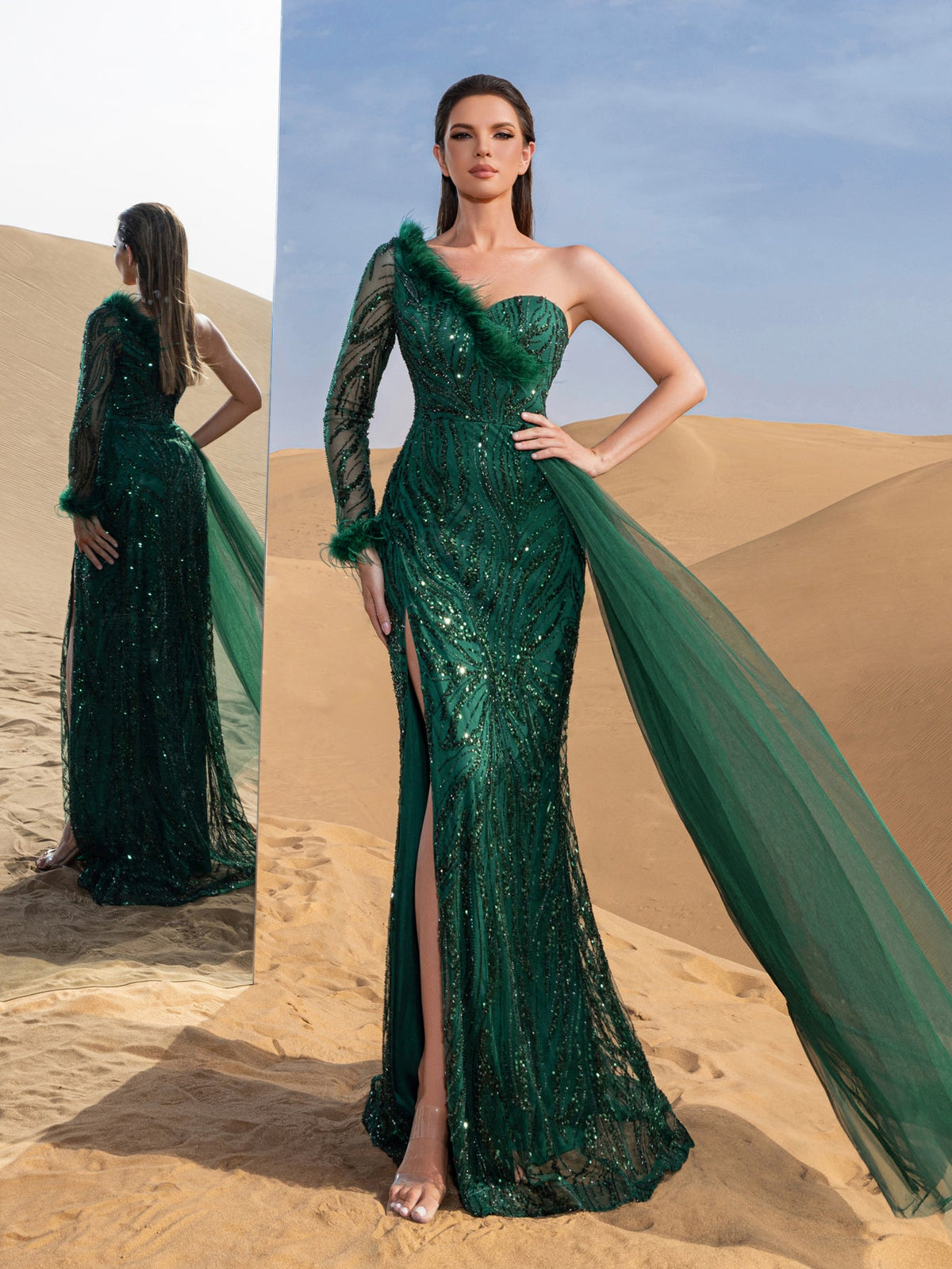 Dark green one-shoulder beaded mermaid evening gown, front and back views