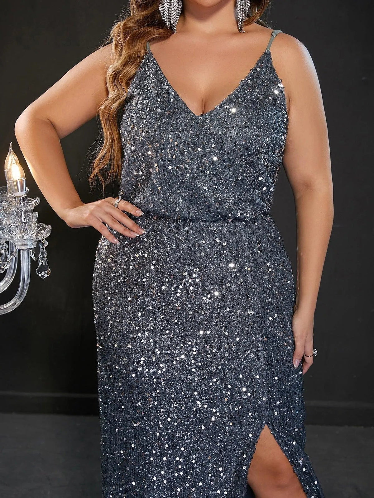 Plus-Size Spaghetti Strap Sequin Sleeveless Sheath Evening Gown — authorized product image 5