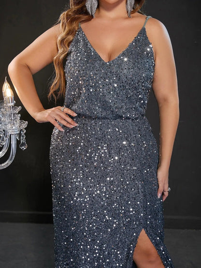 Plus-Size Spaghetti Strap Sequin Sleeveless Sheath Evening Gown — authorized product image 5