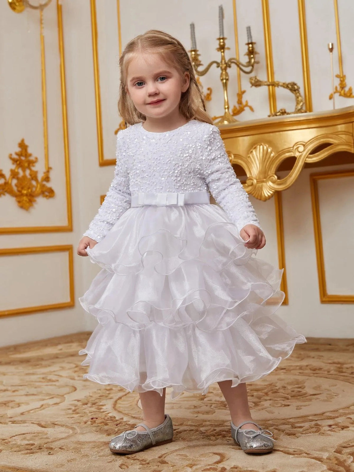Young Girls' Round Neck Sequin Long-Sleeve A-Line Formal Dress — authorized product image 1