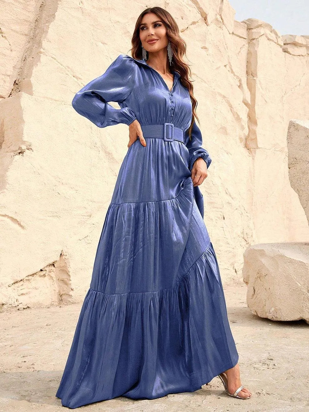 Additional product view of Belted Chiffon A-Line Long-Sleeve Maxi Evening Gown