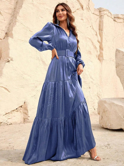 Additional product view of Belted Chiffon A-Line Long-Sleeve Maxi Evening Gown