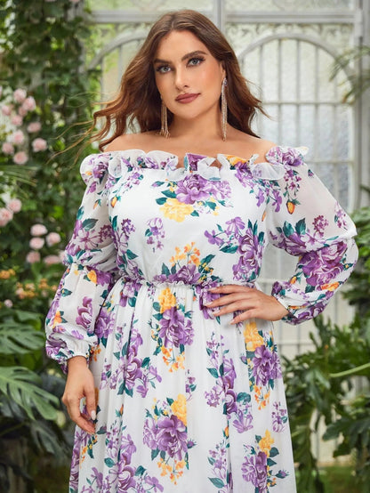 Plus-Size Off-Shoulder Chiffon Floral Long-Sleeve A-Line Evening Gown — authorized product image 5
