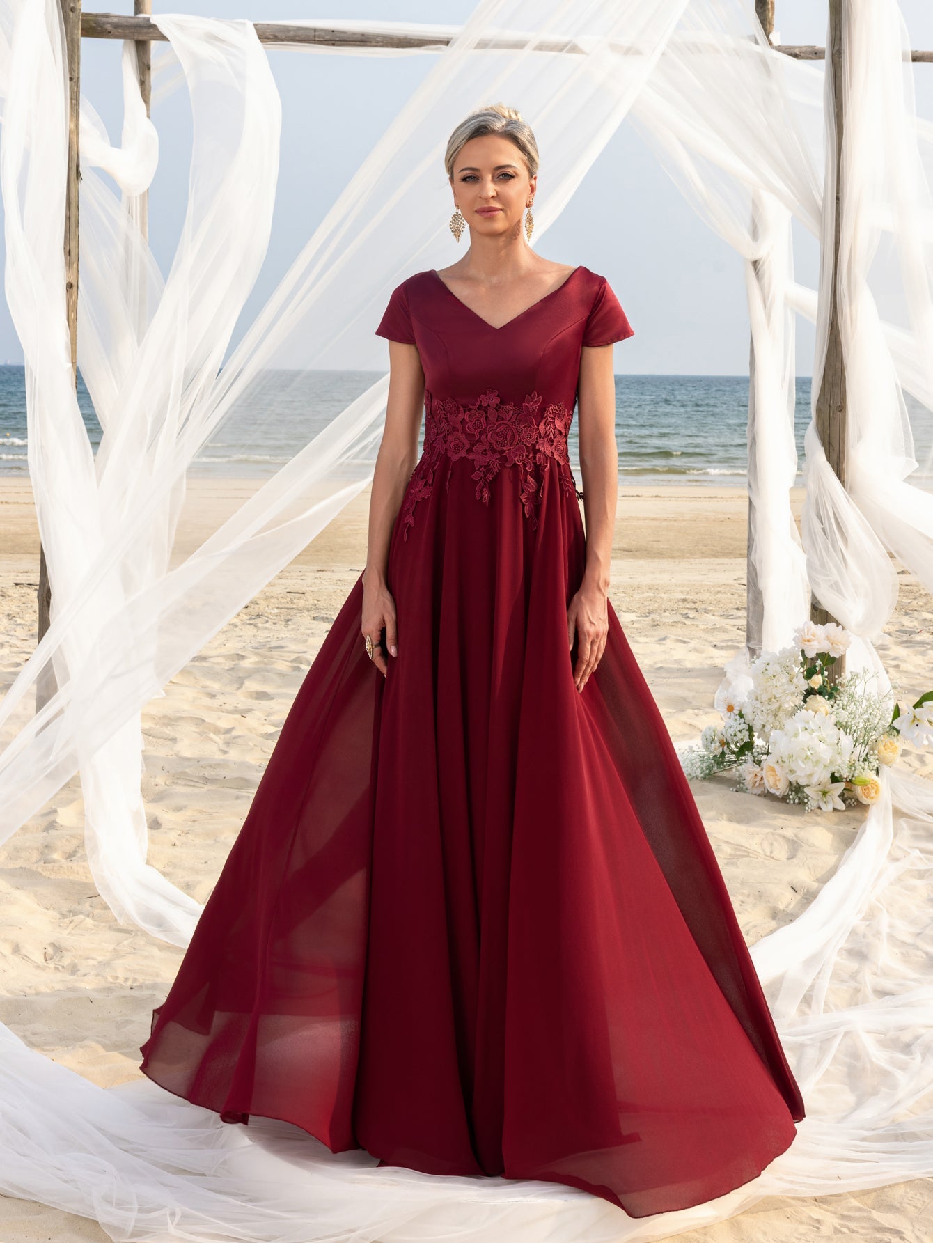 Additional view of Burgundy V-Neck Chiffon Mother of the Bride Dress with Lace Applique