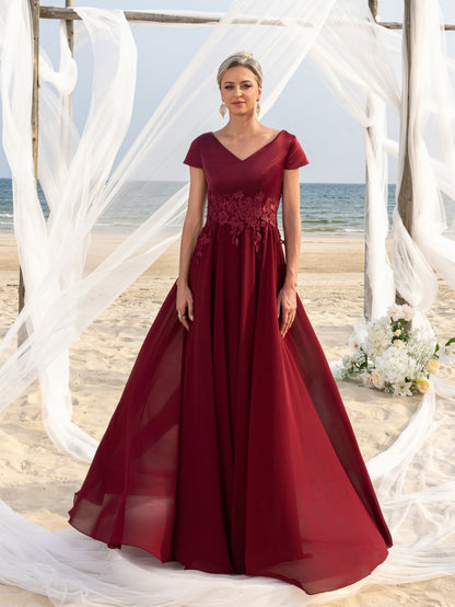 Additional view of Burgundy V-Neck Chiffon Mother of the Bride Dress with Lace Applique