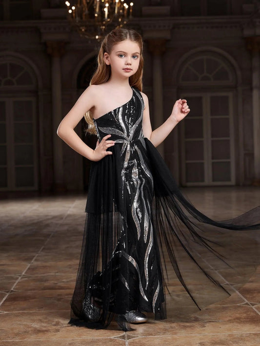Tween Girls' One-Shoulder Graphic Sequin Party Dress — authorized product image 1