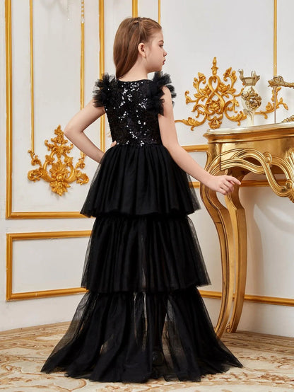 Additional product view of Layered Hem Sequin A-Line Sleeveless Mesh Midi Tween Girls' Party Dress