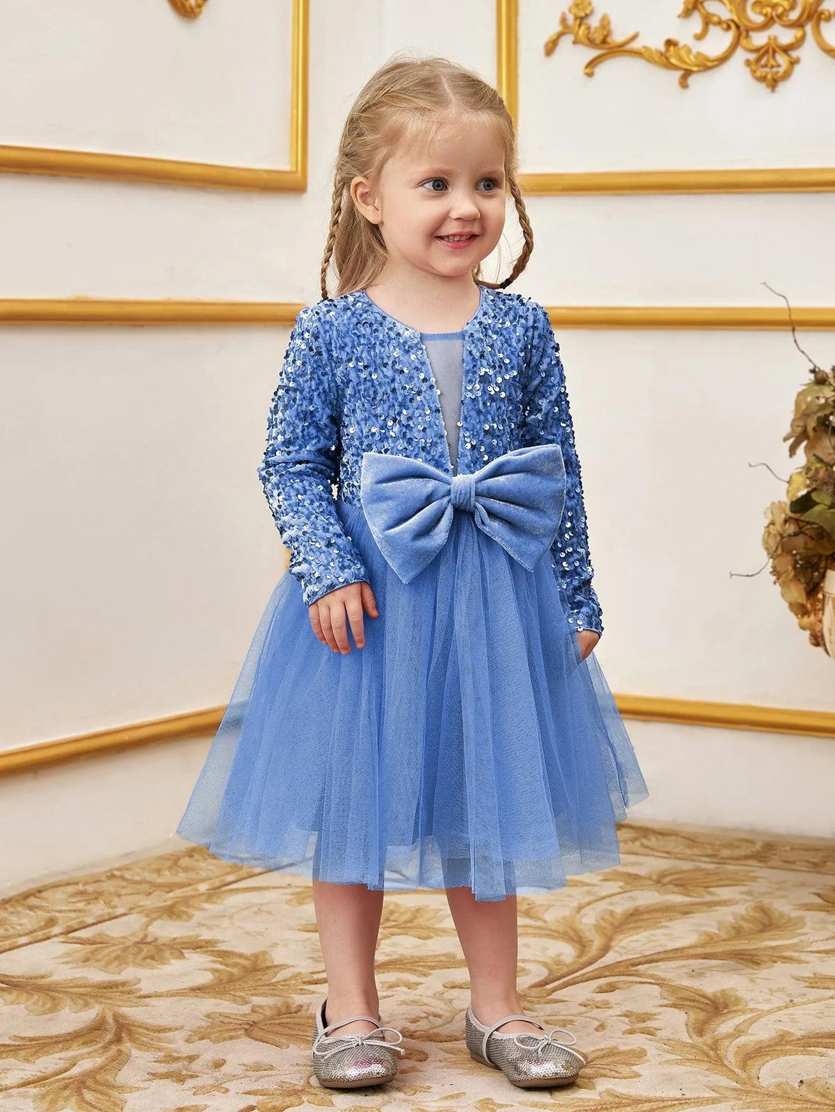 Additional product view of Bow-Front Sequin A-Line Long-Sleeve Mesh Young Girls' Party Dress