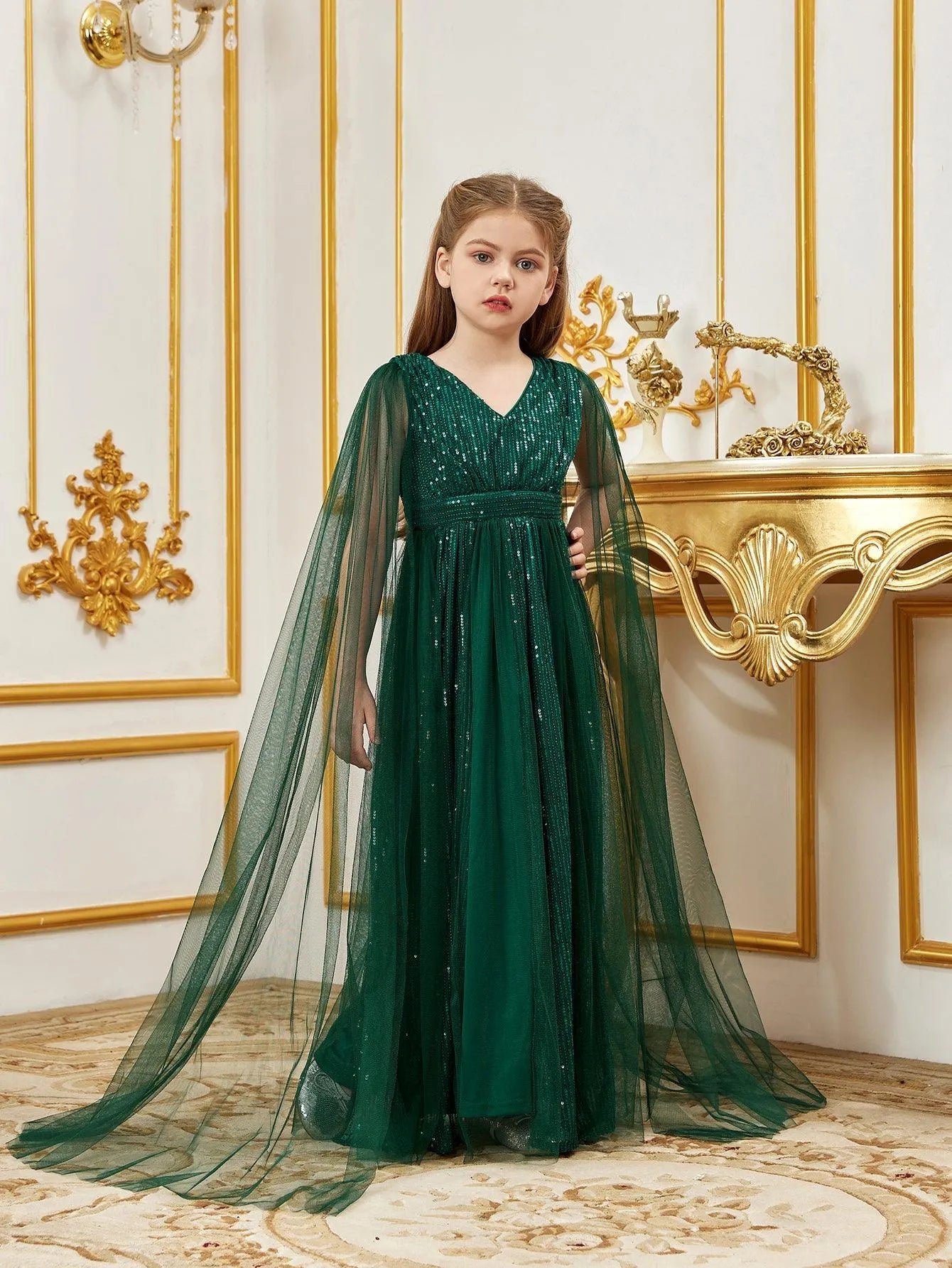 Additional product view of Contrast Mesh Cape-Sleeve V-Neck Sequin A-Line Tween Girls' Party Dress