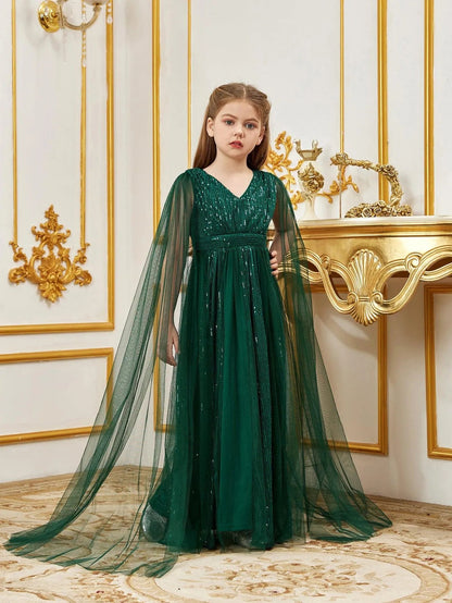 Additional product view of Contrast Mesh Cape-Sleeve V-Neck Sequin A-Line Tween Girls' Party Dress