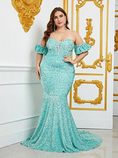 Plus Off Shoulder Puff Sleeves Mermaid Sequin Prom Dresses