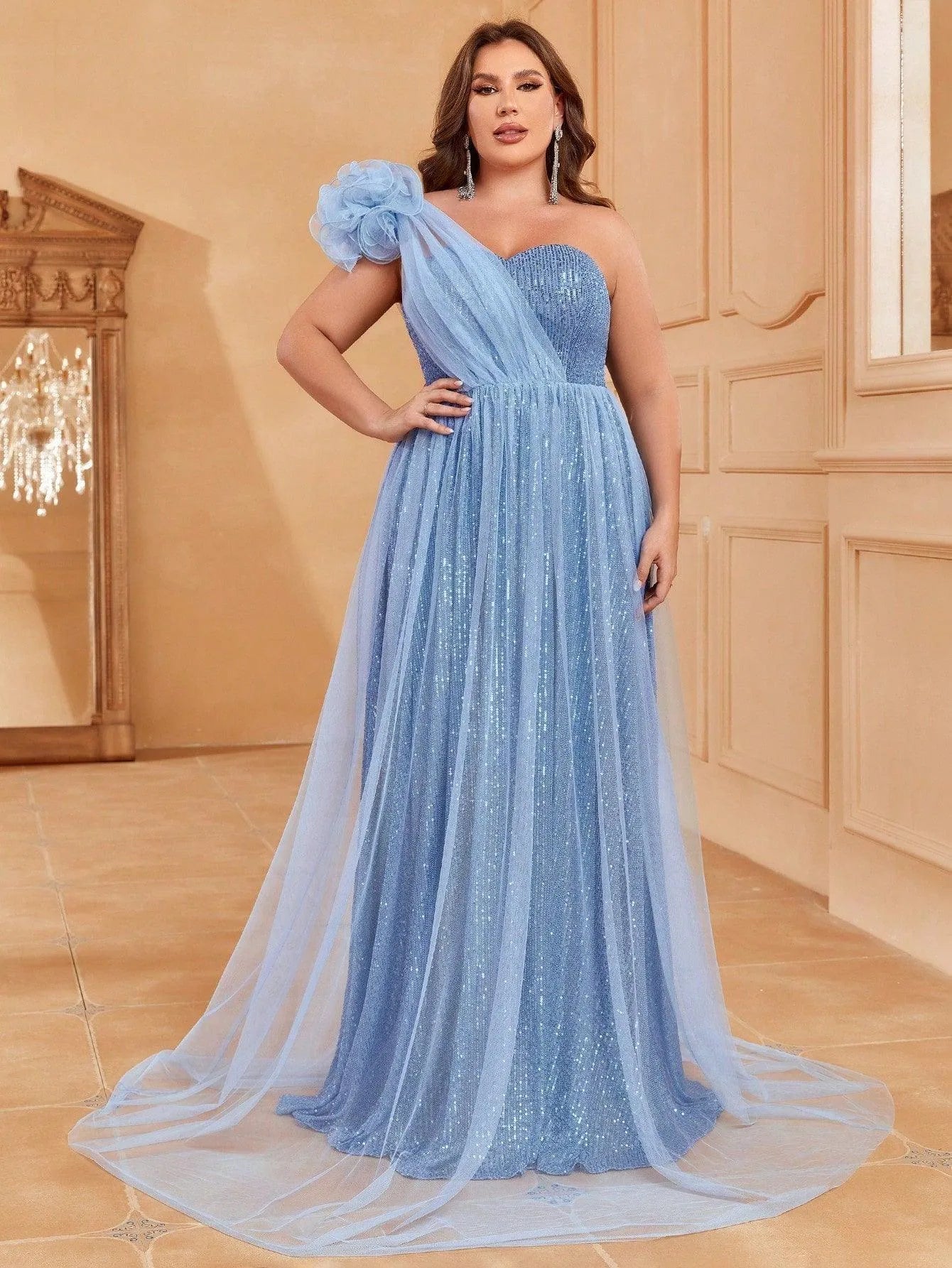 Plus-Size One-Shoulder Sequin Sleeveless A-Line Evening Gown — authorized product image 4
