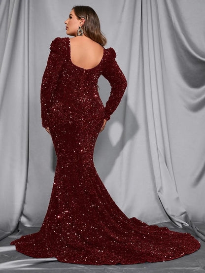 Plus Square Neck Mermaid Hem Sequin Maxi Dress