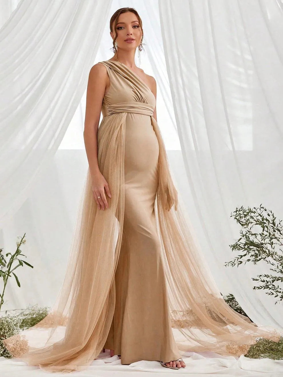 Additional product view of Contrast Mesh One-Shoulder Knit Mermaid Sleeveless Maternity Evening Dress