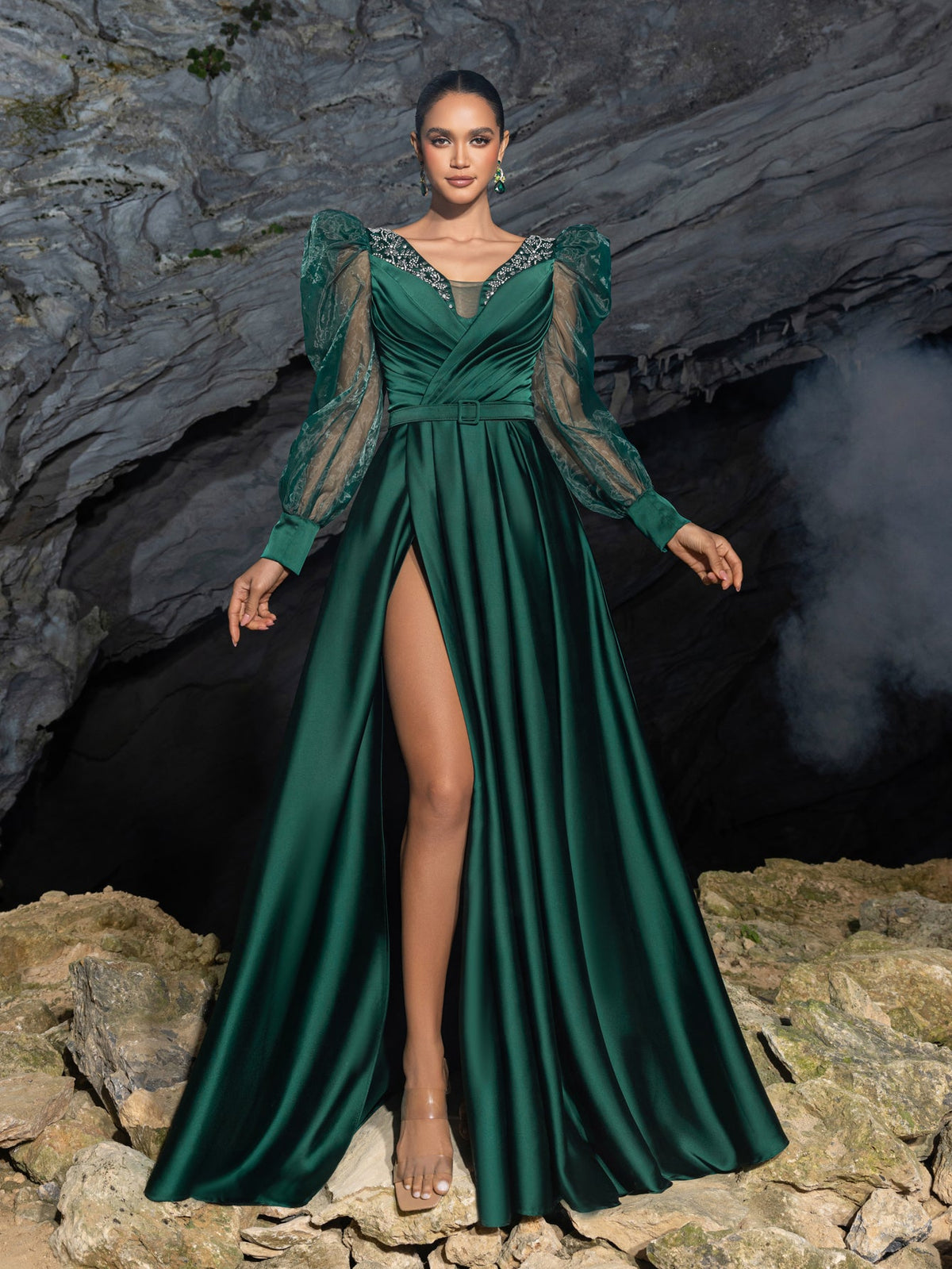 V-Neck Satin Puff-Sleeve A-Line Evening Gown — authorized product image 3