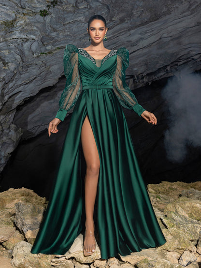 V-Neck Satin Puff-Sleeve A-Line Evening Gown — authorized product image 3