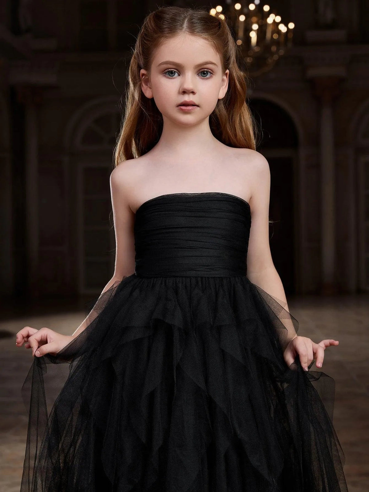 Additional product view of Layered Hem Strapless A-Line Sleeveless Mesh Tween Girls' Party Dress